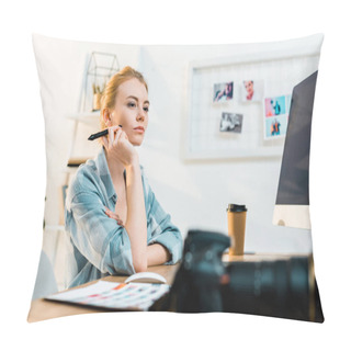 Personality  Pensive Young Retoucher Using Desktop Computer And Drawing Tablet In Office  Pillow Covers
