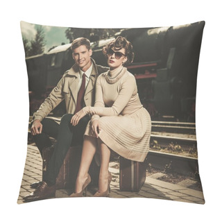 Personality  Beautiful Vintage Style Couple Sitting On Suitcases On Train Station Platform Pillow Covers