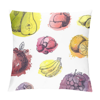 Personality  Seamless Pattern With Fruits In Hand Drawn Style - Vector Illustration With Watercolor Stylized Splashes. Summer Background For Menu And Templates. Pillow Covers