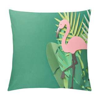 Personality  Top View Of Paper Cut Palm Leaves And Pink Flamingo On Green Background With Copy Space Pillow Covers