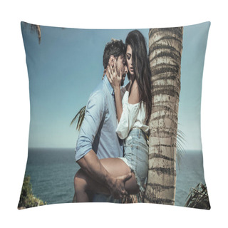 Personality  Portrait Of Attractive Lovers Leaning On A Palm Tree Pillow Covers