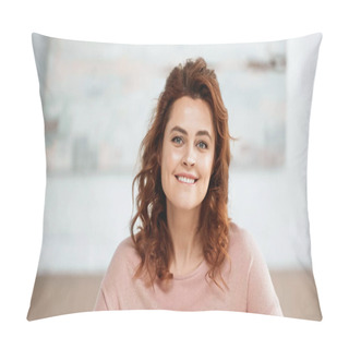 Personality  Positive Redhead Woman Looking At Camera At Home  Pillow Covers