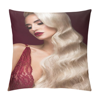Personality  Beautiful Blonde In A Hollywood Manner With Curls, Red Lips, Lingerie. Beauty Face And Hair. Pillow Covers