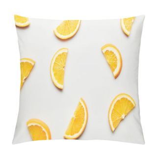 Personality  Top View Of Juicy Orange Slices On White Background Pillow Covers