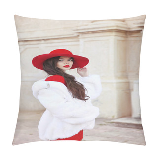 Personality  Fashion Woman In Red Hat And Dress Wearing White Fur Coat. Elega Pillow Covers