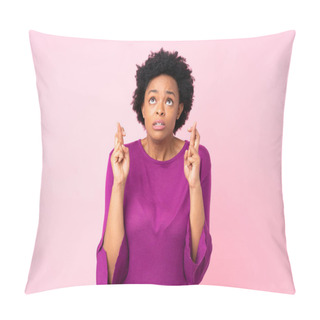 Personality  African American Woman Over Isolated Pink Background With Fingers Crossing And Wishing The Best Pillow Covers