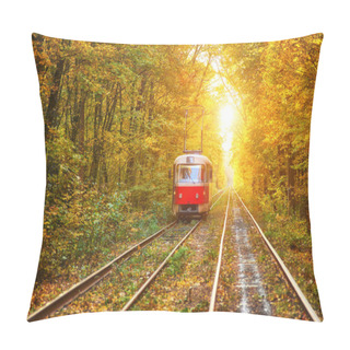 Personality  Red Retro Tram Goes Along The Route Through The Autumn Forest Pillow Covers