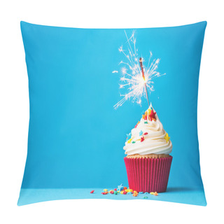 Personality  Cupcake With Sparkler On Blue Pillow Covers