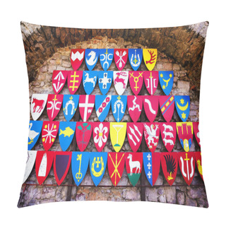 Personality  CHECINY, POLAND - OCT 10, 2019: Polish Knights Coat Of Arms At Checiny Castle, Poland Pillow Covers
