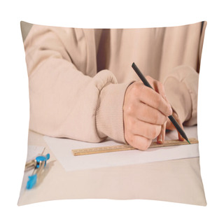 Personality  Cropped View Of Woman Drawing With Ruler And Pencil At Home  Pillow Covers