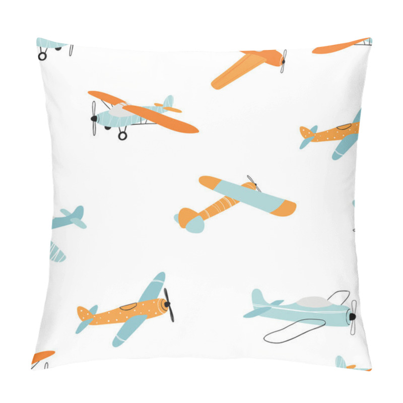 Personality  Vector hand-drawn seamless repeating children simple pattern with aircraft in Scandinavian style on a white background.Kids seamless pattern with planes. Funny airplanes. Trendy vector background. pillow covers