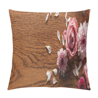 Personality  Top View Of Blooming Pink Spring Flowers And Petals On Wooden Background, Panoramic Shot Pillow Covers