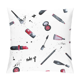 Personality  Vector Watercolor Glamorous Make Up Seamless Background With Nail Polish And Lipstick.Creative Design For Card, Web Design Background, Book Cover.EPS10 Pillow Covers