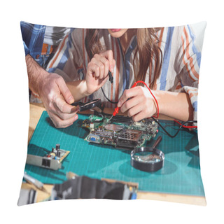 Personality  Team Of Engineers Working With Circuit Board And Multimeter Pillow Covers