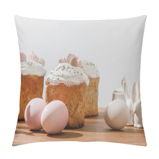 Personality  Decorative Bunnies, Chicken Eggs, Sugar Bowl And Easter Cakes Isolated On Grey Pillow Covers