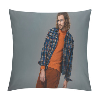 Personality  Handsome Man In Shirt And Trousers Looking Away Isolated On Grey Pillow Covers