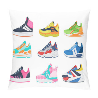 Personality  Fitness Sneakers Shoes Set. Comfortable Shoes For Training, Running And Walking. Sports Shoes Of Various Shapes, Training Footwear, Active Sport Sneakers Cartoon Vector Illustration Pillow Covers