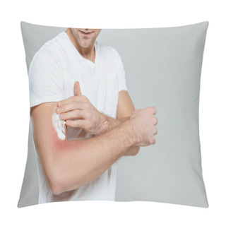 Personality  Cropped View Of Man Applying Foam On Hand With Redness Isolated On Grey Pillow Covers