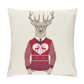 Personality  Hand Drawn Vector Illustration Of Deer Hipster In Jacquard Sweater, Valentine's Day Design Pillow Covers
