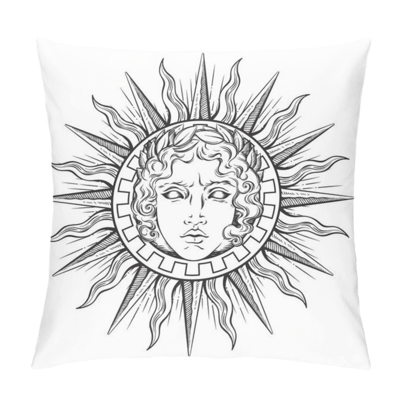 Personality  Hand Drawn Antique Style Sun With Face Of The Greek And Roman God Apollo. Flash Tattoo Or Print Design Vector Illustration Pillow Covers