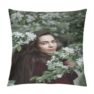 Personality  A Girl In A Flowery Garden In A Maroon Coat Pillow Covers