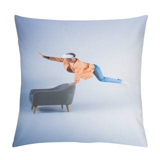 Personality  A Man In A VR Headset Performs A Gravity-defying Trick On A Chair In A Futuristic Studio Setting. Pillow Covers