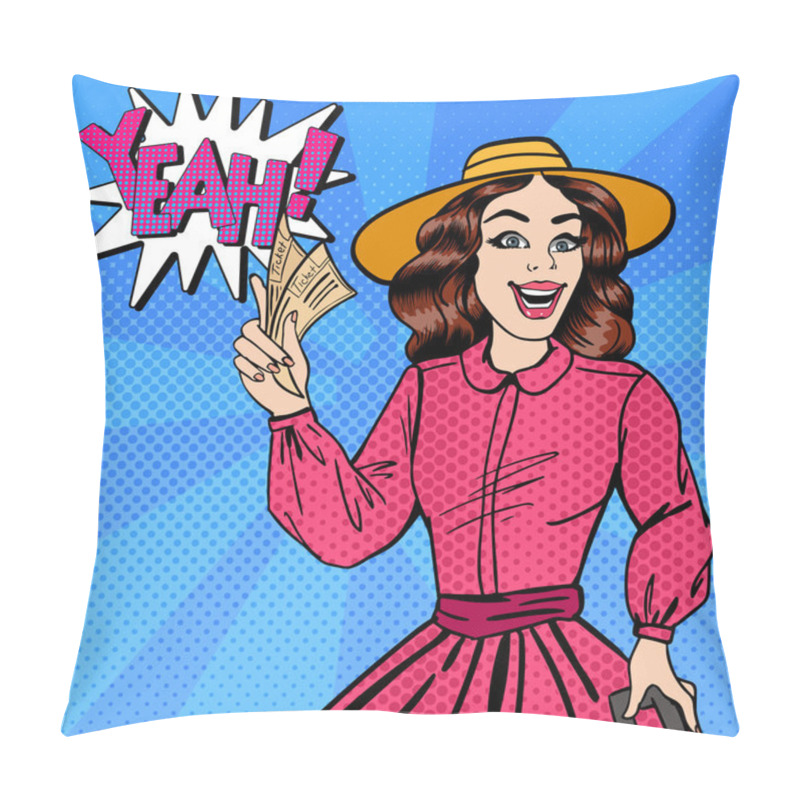 Personality  Pin Up Girl. Beautiful Woman with Tickets. Time to Travel. Pop Art. Vector illustration pillow covers
