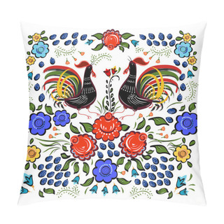 Personality  Folk Background.Colorful Flowers And Leafs With Cocks On White B Pillow Covers