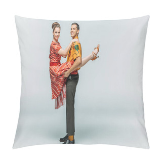 Personality  Cheerful Man Holding Woman While Dancing Boogie-woogie On Grey Background Pillow Covers