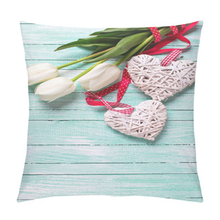 Personality  Bunch Of Tulips Flowers And  Two Decorative Hearts Pillow Covers