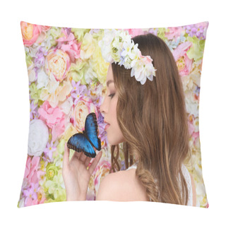 Personality  Young Woman In Floral Wreath With Butterfly On Hand Pillow Covers