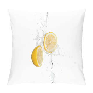 Personality  Yellow Cut Fresh Lemons With Clear Water Splash And Drops Isolated On White Pillow Covers