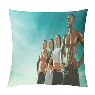 Personality  Group Of Four Young Sportsmens Women And Men, Fit Athletes Are Standing On The Sky Background Before Run. Healthy Lifestyle And Sport. Friends In Black And White Sportswear. Fitness Concept. Pillow Covers