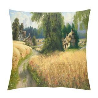 Personality  Beautiful Panoramic Rural Landscape, A Road Among A Wheat Field With Flowers, An Old Village Against The Backdrop Of A Forest, A Summer Landscape. Fine Art, Artwork, Landscape With Grass And Trees Pillow Covers