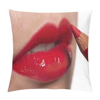 Personality  Close-up Of Red Woman Lips, Applying Lip Pencil On White, Macro Lens Pillow Covers