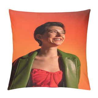 Personality  Cheerful Brunette Woman In Red Corset Dress And Green Leather Jacket Smiling And Looking Away On Orange Background Pillow Covers