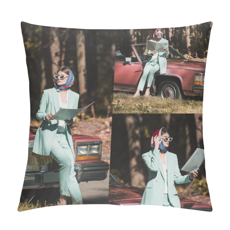 Personality  collage of fashionable woman holding map while standing near cabriolet in forest pillow covers