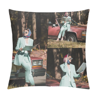 Personality  Collage Of Fashionable Woman Holding Map While Standing Near Cabriolet In Forest Pillow Covers