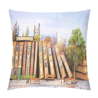 Personality  Library Concept. Fantasy Literature. Stack Of Old Books As Street Of The City. 3d Illustration Pillow Covers
