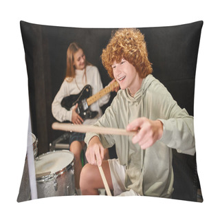 Personality  Focus On Joyful Cute Teenage Boy In Casual Attire Playing Drums Next To His Blurred Cute Guitarist Pillow Covers