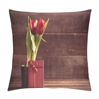 Personality  Bunch  Of Tulips And Gift On The Table Pillow Covers