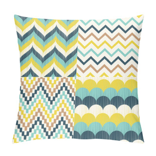 Personality  Vector Set Of Four Teal, Aqua And Yellow Chevron Seamless Patterns. Repeated Braid & Scallop Backgrounds Pillow Covers