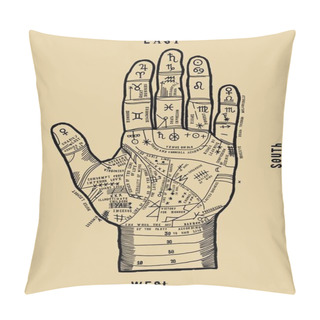 Personality  Palmistry Map Illustration With Palm Signs And Lines. Vintage Typography Print Occult Illustration. Pillow Covers