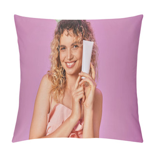 Personality  Happy Blonde Woman With Curly Hair In Tooth Fairy Costume And Headband Holding Tooth Paste Pillow Covers