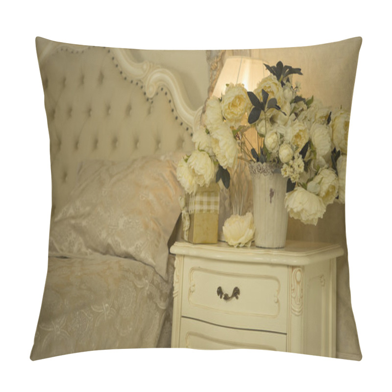 Personality  Luxury Royal Interior. Luxurious Bed With Cushion And Stand Lamp Pillow Covers