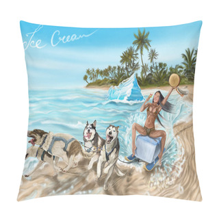Personality  Girl With Ice Cream On The Beach. Husky Dogs, Ice, Sea, Beach, Ice Cream, Tropics. Pillow Covers