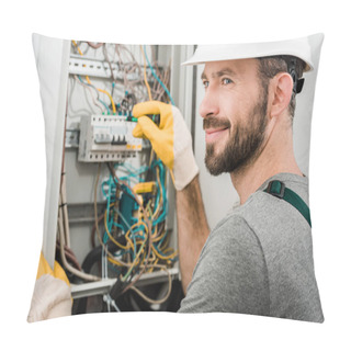 Personality  Handsome Cheerful Electrician Repairing Electrical Box And Using Screwdriver In Corridor Pillow Covers