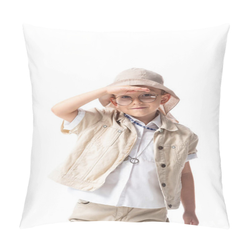 Personality  smiling explorer child in glasses and hat looking at camera isolated on white pillow covers