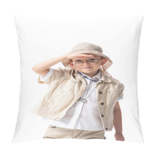 Personality  Smiling Explorer Child In Glasses And Hat Looking At Camera Isolated On White Pillow Covers