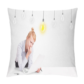 Personality  Business Woman Sitting At Table With Idea Light Bulbs Pillow Covers